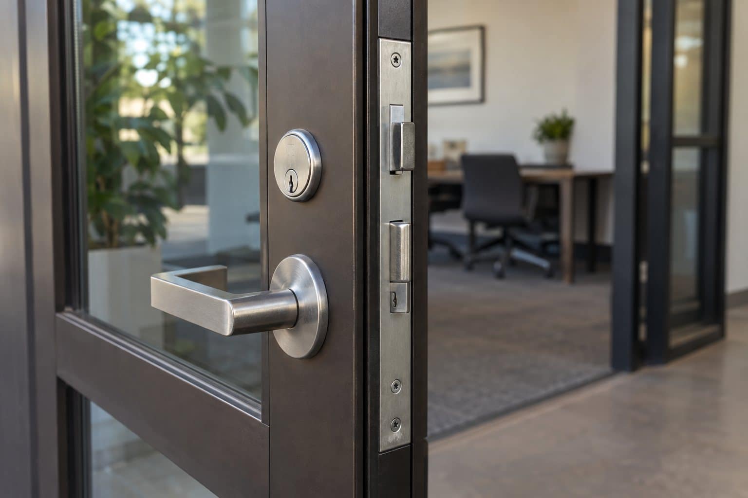 Commercial mortise lock and lever on an open aluminum office door.