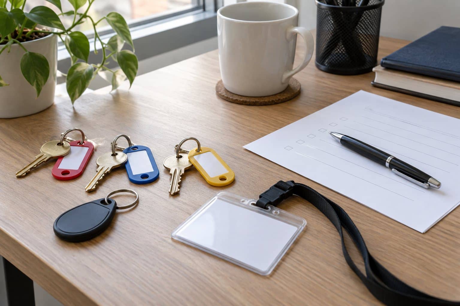 Office keys with colored tags, an access fob and a blank badge beside a checklist.