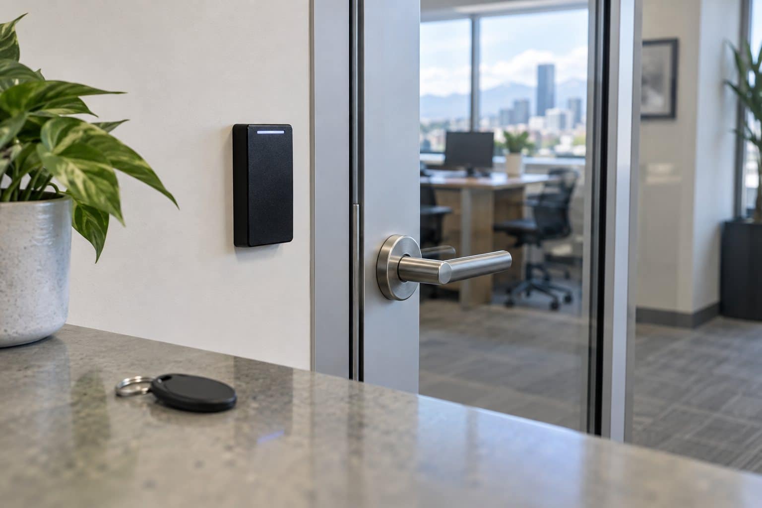 Wall-mounted access-card reader beside a glass office door, with a fob on the counter.