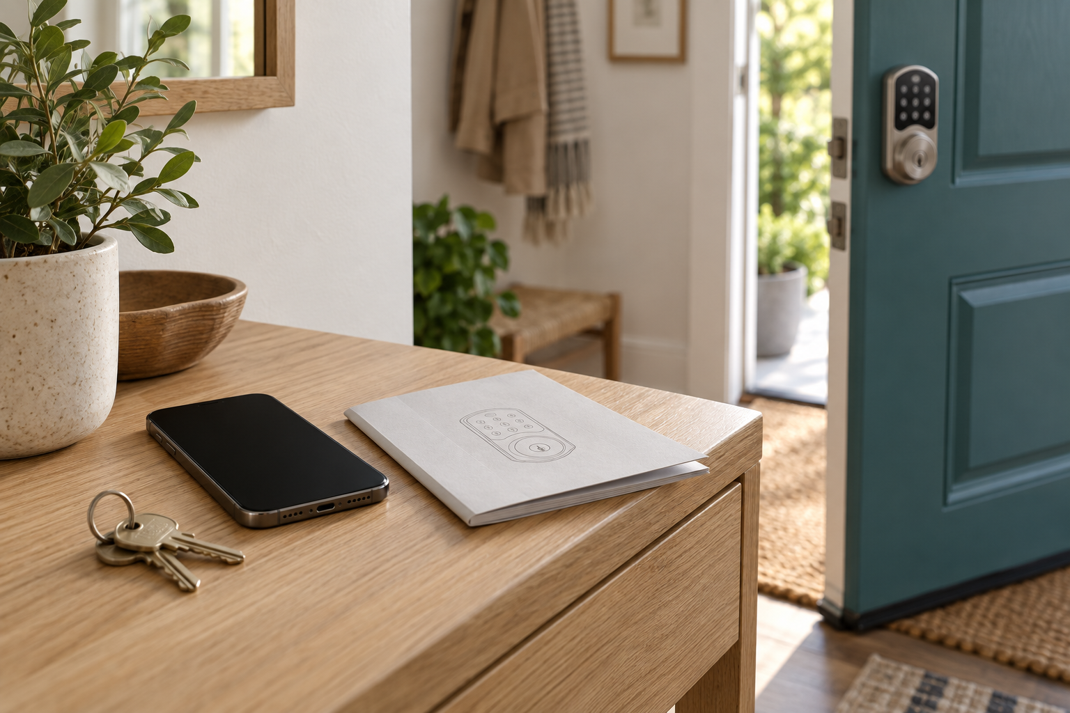 Phone, lock manual and house keys beside an open front door with a keypad deadbolt.