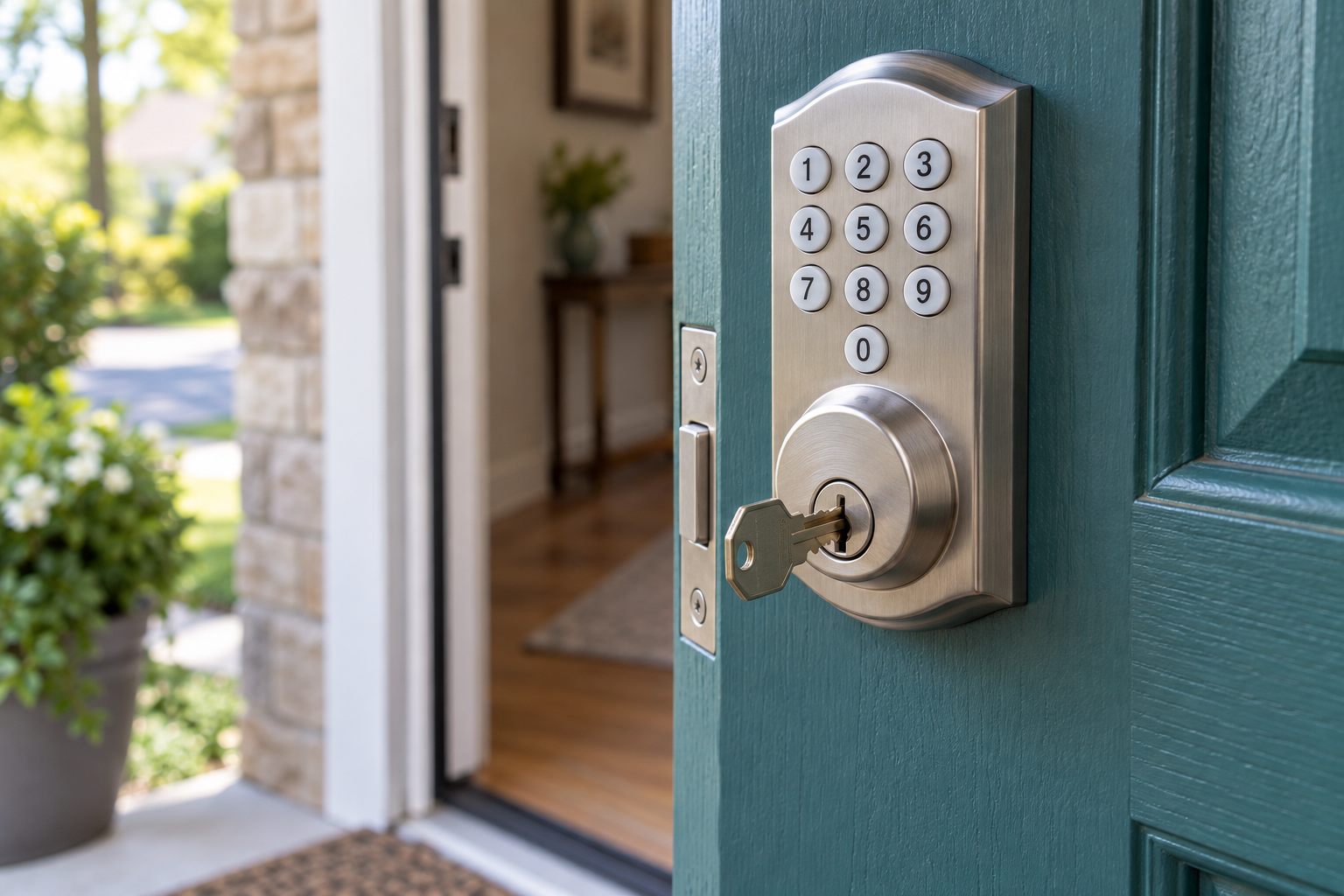 Mechanical backup key inserted into the key cylinder beneath a smart lock keypad.