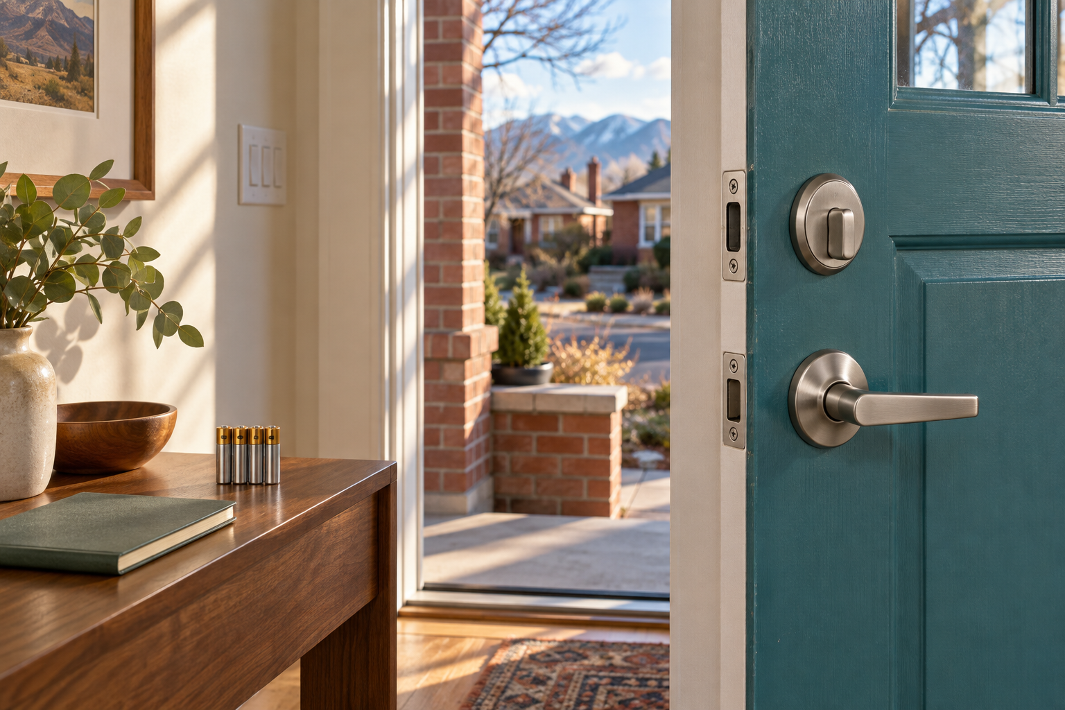 Open front door with a deadbolt thumbturn, with batteries and a notebook on a nearby table.