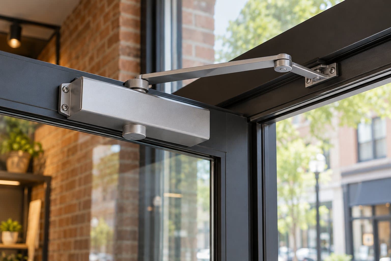 Surface-mounted door closer and articulated arm above a glass business entrance.