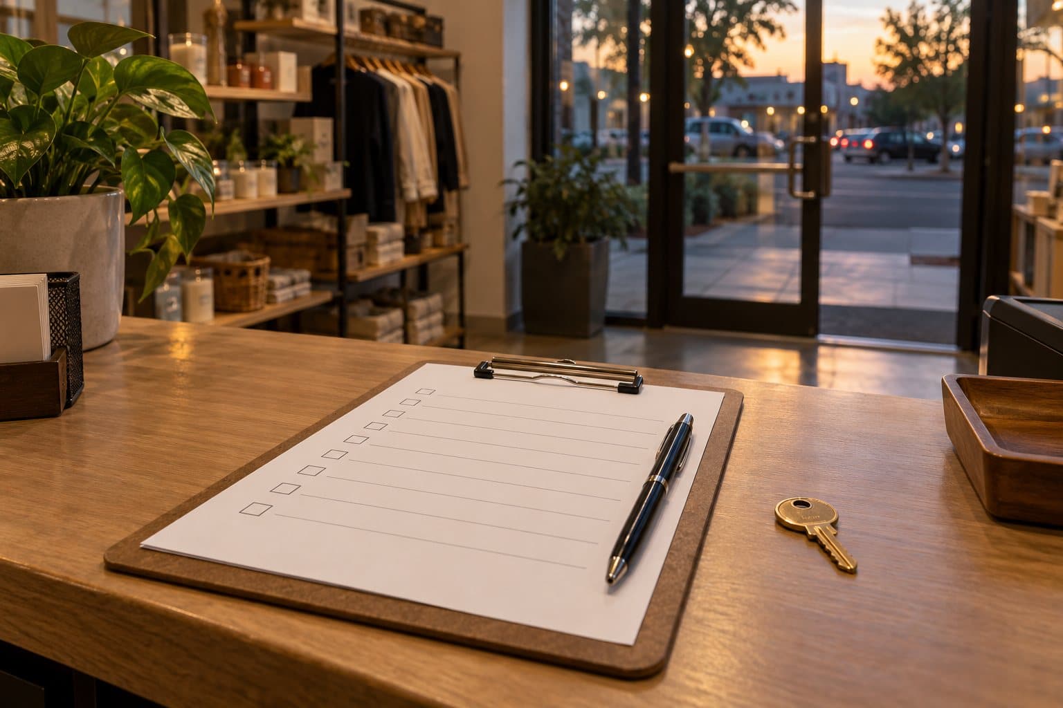 Clipboard, pen and business door key on a counter near a storefront entrance.