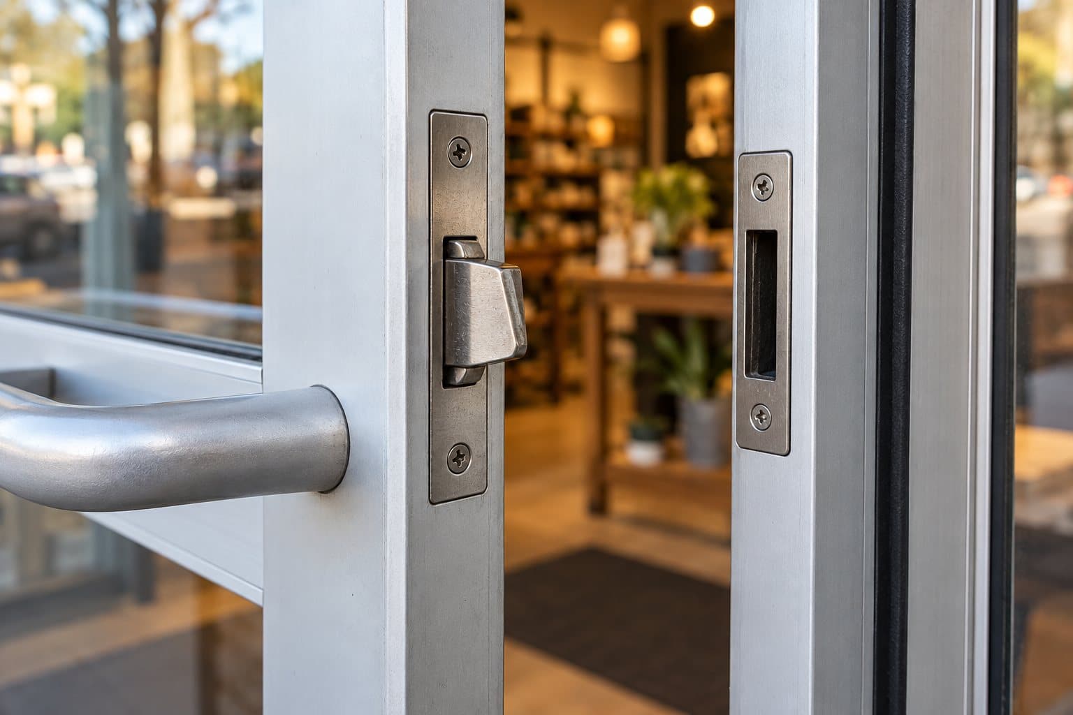 Spring latch and matching strike on a partially open aluminum storefront door.